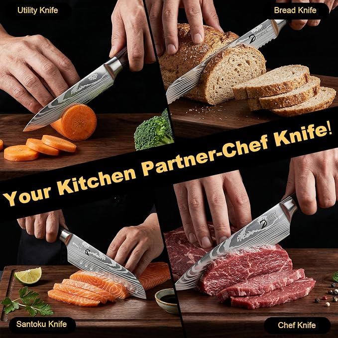Dfito Kitchen Knife Set, 5 Pieces High Carbon Stainless Steel Chef Knife Set with Red Pakkawood Handle, Ultra Sharp Professional Chef Knives Sets for Home Cooking, Dishwasher Safe