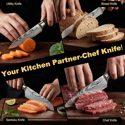 Dfito Kitchen Knife Set, 5 Pieces High Carbon Stainless Steel Chef Knife Set with Red Pakkawood Handle, Ultra Sharp Professional Chef Knives Sets for Home Cooking, Dishwasher Safe