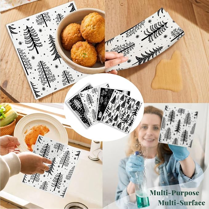 Christmas Pine Tree Swedish Dishcloths for Kitchen, Swedish Dish Cloths for Pine Tree, Black and White Christmas Towels, 4 Pack for Papaya Reusable Paper Towels Washable, Sponge Cloths