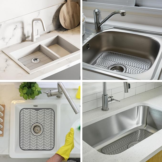 DecorRack Gray Sink Protectors for Kitchen, Plastic 12" x 11" Dish Rack, Protect Sink from Stains, Damage, Scratches, Dishwasher Safe Grid Mat for Kitchen (Gray)