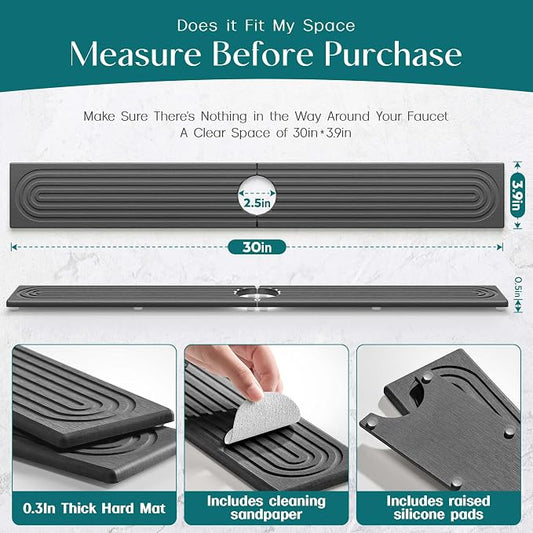 eormoe 30 inch Kitchen Faucet Absorbent Mat - Diatomaceous Earth Splash Guard for Sink Faucet, Aesthetic Water Absorbing Stone Tray in The Modern Home (30" x 3.9", Dark grey)