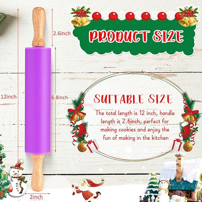 Dandat 12 Pcs Small Rolling Pin Kids 12 Inch Mini Silicone Rolling Pin for Baking Non Stick Kids Dough Roller with Wooden Handle for Kitchen Cookie Pastry Fondant Cake 6 Colors