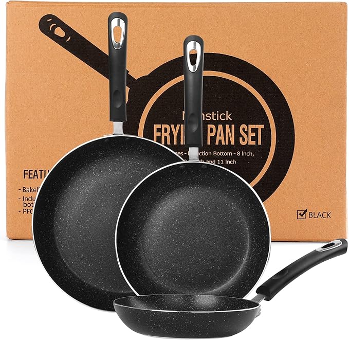 Frying Pan 3-Piece Set, Nonstick Skillet Set for Induction Cooktop, Frying Pan Nonstick 8 Inch+9.5 Inch +11 Inch with Bakelite Handles, PFOA Free(Black)