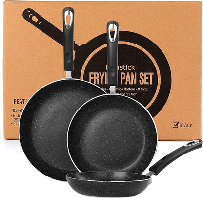 Frying Pan 3-Piece Set, Nonstick Skillet Set for Induction Cooktop, Frying Pan Nonstick 8 Inch+9.5 Inch +11 Inch with Bakelite Handles, PFOA Free(Black)