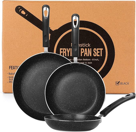 Frying Pan 3-Piece Set, Nonstick Skillet Set for Induction Cooktop, Frying Pan Nonstick 8 Inch+9.5 Inch +11 Inch with Bakelite Handles, PFOA Free(Black)