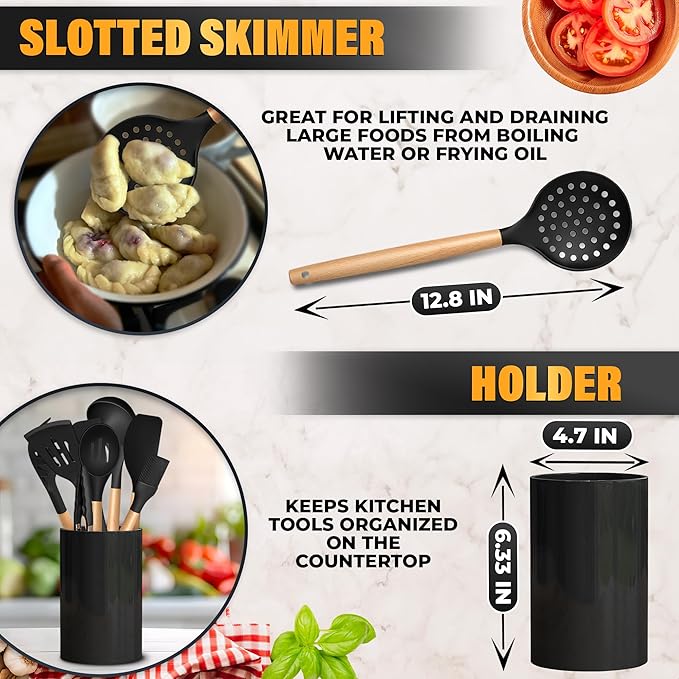 14 PCs Black Silicone Cooking Utensils Set with Holder - Versatile Kitchen Utensils with Sturdy Wooden Handles - Heat Resistance Silicone Kitchen Utensil Set with Holder for All Cooking & Baking Needs