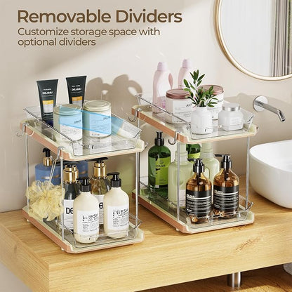 Delamu 2 Tier Under Sink Organizer Bathroom, Bathroom Cabinet Organizer with Snap-Lock Design and Hooks, Pull Out Storage with Movable Dividers, for Countertop, Kitchen and Pantry (White, 2 Pack)