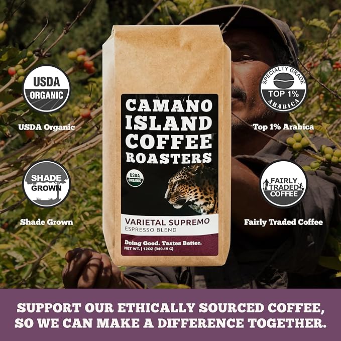 Camano Island Coffee Roasters Varietal Supremo Espresso Blend, Ground 12oz, Fresh Dark Roast, USDA Organic, Fairly Traded, Shade Grown Arabica, Chocolate, Caramel, Hint of Spice Flavor Profile