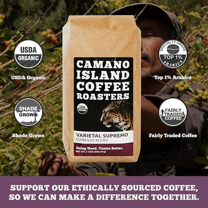 Camano Island Coffee Roasters Varietal Supremo Espresso Blend, Ground 12oz, Fresh Dark Roast, USDA Organic, Fairly Traded, Shade Grown Arabica, Chocolate, Caramel, Hint of Spice Flavor Profile