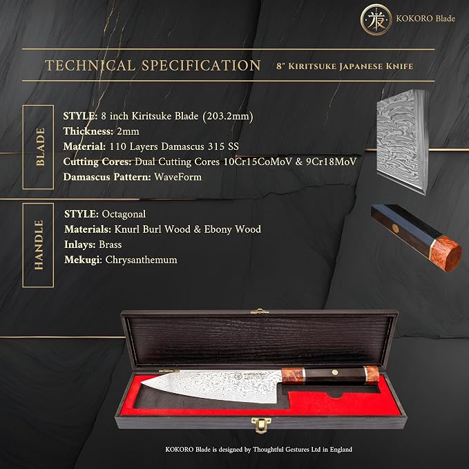 8” Kiritsuke Chef Knife – 110-Layer Damascus Steel, Dual Core, Octagonal Wood Handle, Razor Sharp – from British Fusion Atelier KOKORO – A Signature Gift for Ambitious Cooks