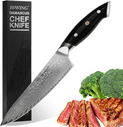 8 Inch Chef Knife, Japanese-Style VG10 Damascus Kitchen Knife, 67-Layer Forged Blade with Black Wood Handle, Razor Sharp Cooking Knife for Meat, Vegetables & Fruit
