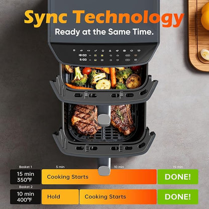 Dual Basket Air Fryer, 12.6QT Family-Size for 10–12 People, XL Basket for 6LB Whole Chicken, DoubleStack Compact Design, 10-in-1 Functions with Reheat, Dehydrate & SyncFinish, Dishwasher-Safe, Black