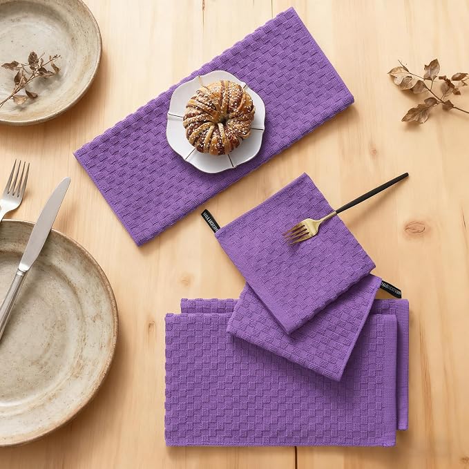 Homaxy 100% Cotton Kitchen Towels and Dishcloths Set, 12 x 12 & 15 x 25 Inches, Set of 12 Bulk Terry Cloth Dish Towels, Super Soft and Absorbent Hand Towel with Hanging Loop, Purple