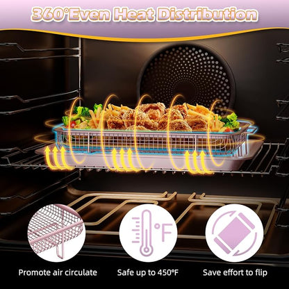 Oven Air Fryer Basket and Tray, OPENICE 2 Set Air Fryer Basket and Tray for Oven with 60 Pcs Parchment Paper, Air Fryer Pan Crisper Tray for Baking, Crisping - Pink