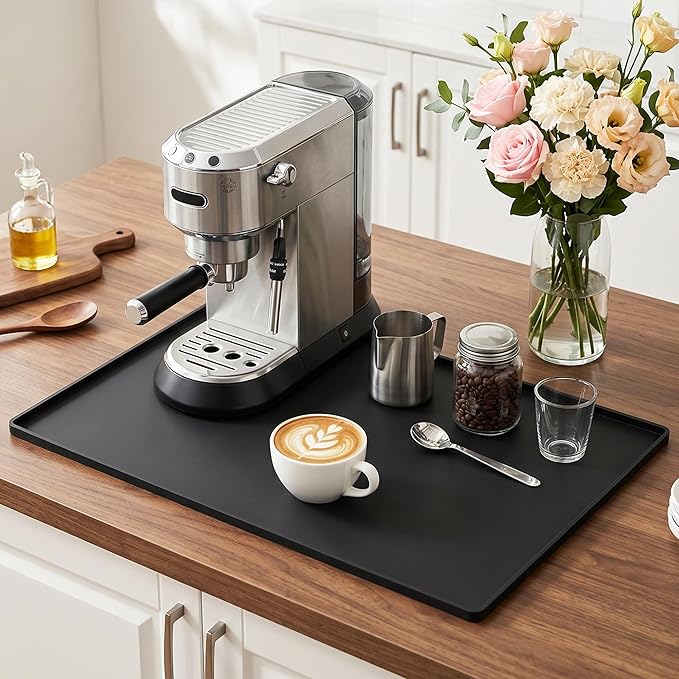Golener Silicone Coffee Mat - 24" x 16" Coffee Bar Mat for Countertop with Raised Edges, Kitchen Station Pad, Accessories Fit Under Coffee Machine, Waterproof Dish Drying Mat, Heat Resistant, Black