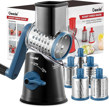 Geedel Rotary Cheese Grater Cheese Shredder - Upgraded 5-in-1 Cheese Grater with Handle and Strong Suction Base, Multi-purpose Vegetable Slicer Ice Shaver Nuts Grinder for Cheese, Vegetables, Ice