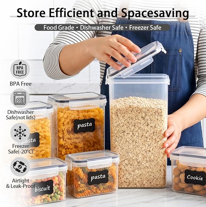 30 PCS Airtight Food Storage Containers with Lids, BPA Free Clear Plastic Kitchen and Pantry Organization and Storage Set for Flour, Sugar, Cereal, Pasta, Includes 30 Labels and Marker