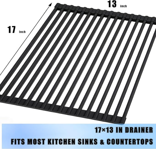 Cover The Sink Roll Up Dish Drying Rack 17.6"x15.4" Silicone Wrapped Foldable Anti-Slip Drainer for Kitchen Counter_Black new