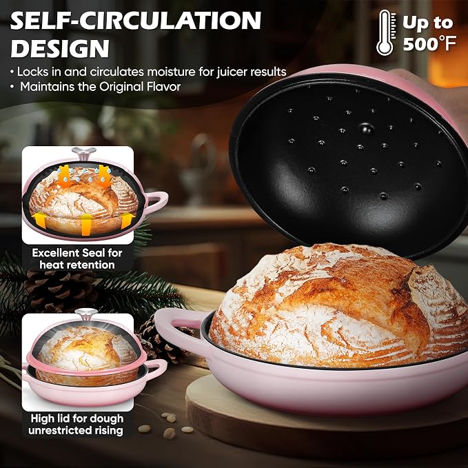 Bread Dutch Oven for Sourdough Baking (5.5 QT), Joyfair Enameled Cast Iron Dutch Oven Pot with Lid, Sourdough Bread Pan with Heavy Duty Dual Handles, Non-Stick & Even Heat, Oven-safe up to 500°F, Pink