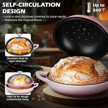 Bread Dutch Oven for Sourdough Baking (5.5 QT), Joyfair Enameled Cast Iron Dutch Oven Pot with Lid, Sourdough Bread Pan with Heavy Duty Dual Handles, Non-Stick & Even Heat, Oven-safe up to 500°F, Pink