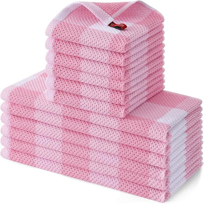 Homaxy Kitchen Towels and Dishcloths Set, 12 x 12 and 13 x 28 Inches, Set of 12 100% Cotton Waffle Weave Check Plaid Kitchen Dish Towels, Super Soft and Absorbent Dish Cloths, White & Pink