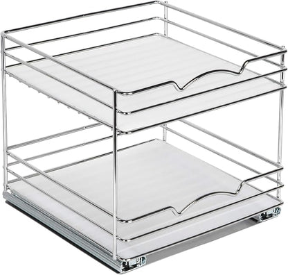 2 Tier Pull-Out Cabinet Spice Rack Organizer - Slim Slide-Out Storage for Spices, Bottles & Jars, Premium Heavy-Duty Steel, Easy Install for Narrow Kitchen Cabinets -10-1/2"Wx10-3/8"Dx8-7/8" H, Chrome