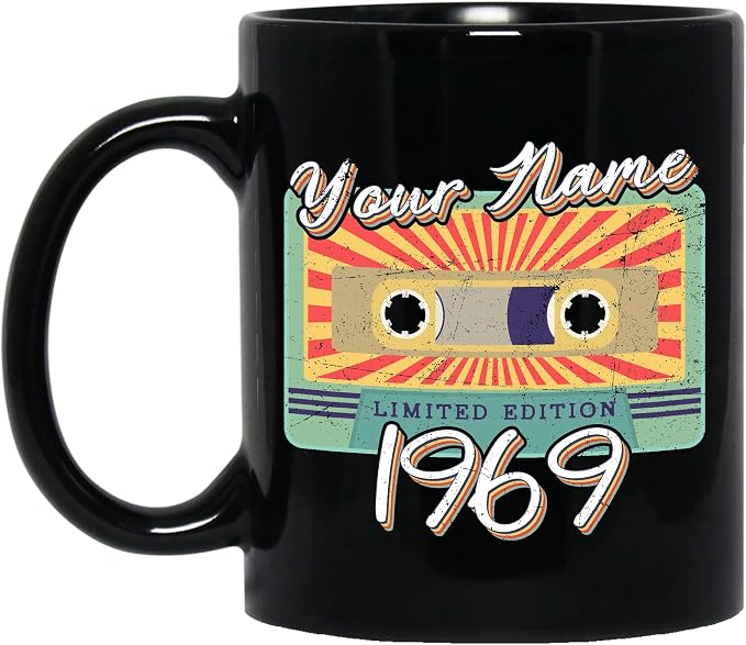 Personalized Vintage Cassette Tape Vintage 1969 Mug, Custom Your Name, 1969 Retro Coffee Mug, 53rd Birthday Present Gifts, 1969 Birthday Gift For Friends Family, Customizable Black Tea Cups