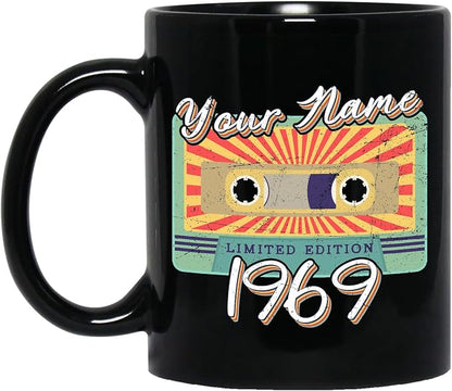 Personalized Vintage Cassette Tape Vintage 1969 Mug, Custom Your Name, 1969 Retro Coffee Mug, 53rd Birthday Present Gifts, 1969 Birthday Gift For Friends Family, Customizable Black Tea Cups