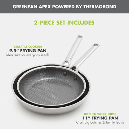 GreenPan Hybrid 9.5” & 11” Nonstick Stainless Steel Frying Pan Set, APEX Tri-Ply Thermobond PFAS-Free Ceramic Skillets, Induction & All Cooktop Compatible, Oven Temp to 850°F, Dishwasher Safe, Silver