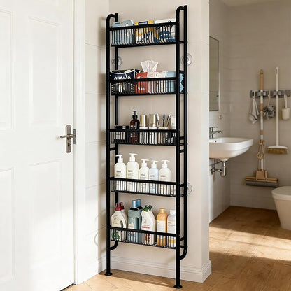 Behind The Door Narrow Bookshelves Pantry Spice Rack 5-Tier Slim Metal Space-Saving Organizer for Bathroom Closet Kitchen Living Room Sturdy Room Laundry Room, Black