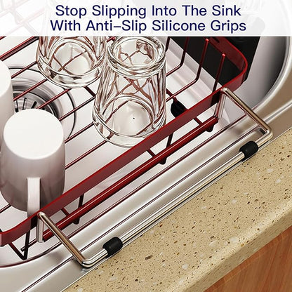MAJALiS Red Dish Drying Rack Over The Sink, Expandable Stainless Steel Dish Drainer for Small Kitchen Counter Space Saving, RV Compact Plate Strainer in Metal with Hanging Adjustable Utensil Holder