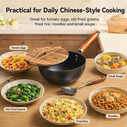 WANGYUANJI 8.7-Inch Carbon Steel Mini Wok, Flat Bottom Small Stir Fry Pan for 1–2 Servings, Uncoated Textured Wok for Gas, Electric, Ceramic & Induction Stoves, with Lid & Spatula