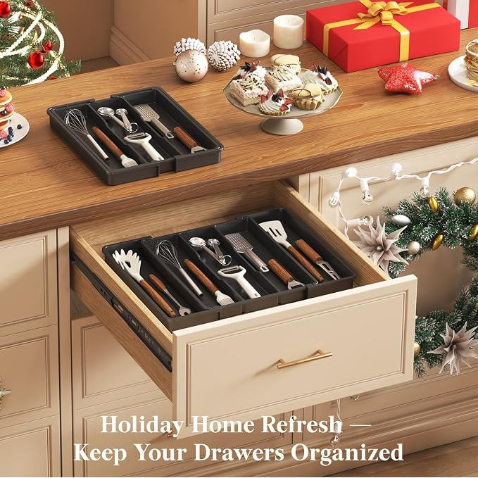 Lifewit Utensil Organizer for Kitchen Drawers, Expandable Cooking Utensil Tray, Adjustable Cutlery Silverware Flatware Holder, Plastic Spatula Tools Storage Divider, 11-18 x 14", Black