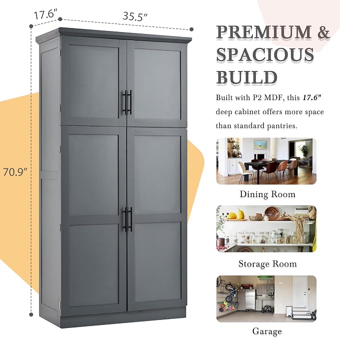 VilroCaz Freestanding Kitchen Pantry Tall Storage Cabinet, Wooden Kitchen Organizers with 4 Doors, 2 Door Shelves, 8 Pull-Out Trays and Adjustable Shelf for Dining Room Living Room (Gray-8.5)