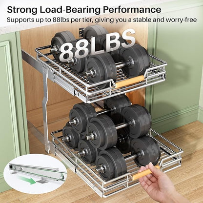 Pull out Cabinet Organizer, 2 Tiers 15"W X 21"D, Heavy Duty Smooth Sliding Under Cabinet Shelves for Pots and Pans, Full-Extension Roll out Drawers, Slide out Organization for Home Kitchen Pantry