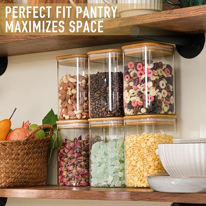 D2scrma 37oz Airtight Glass Square Storage Canisters with Bamboo Lid Set of 6 (1100ml) Stackable Containers, Kitchen Jars for Pantry Noodles, Flour and Coffee beans (‎with Black Lable)