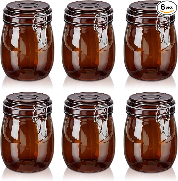 Norme 6 Pack 25oz Amber Airtight Glass Jars with Lids, Round Food Storage Container Airtight Food Wire Clip Fastening for Sauerkraut Flour Kitchen Sugar Cereal Kitchen Canning Pickling Mason Jars