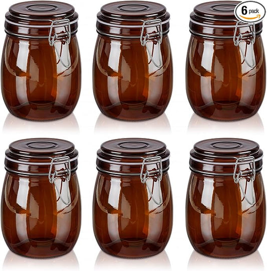 Norme 6 Pack 25oz Amber Airtight Glass Jars with Lids, Round Food Storage Container Airtight Food Wire Clip Fastening for Sauerkraut Flour Kitchen Sugar Cereal Kitchen Canning Pickling Mason Jars