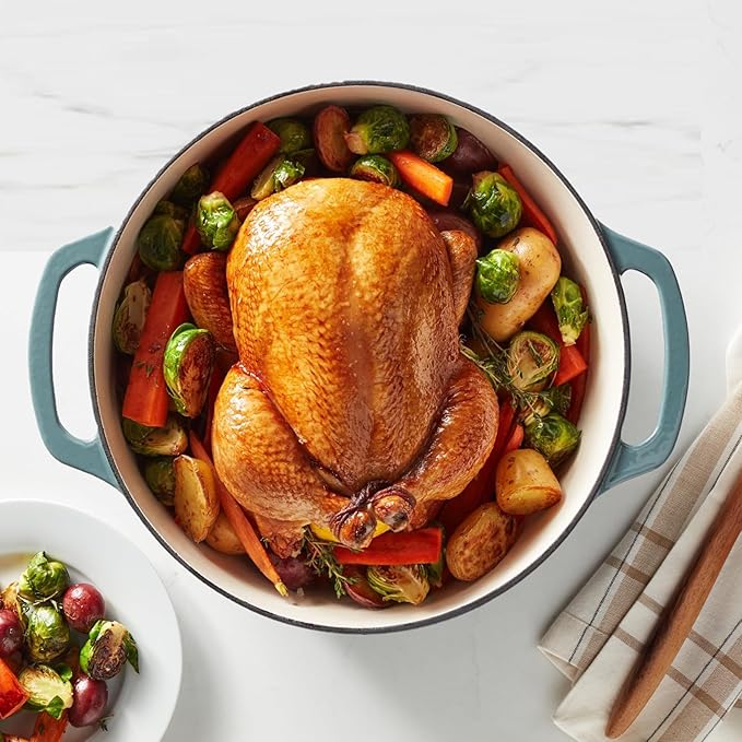 Amazon Basics Enameled Cast Iron Dutch Oven Pot with Lid, Round, Dual Handles, Heavy-Duty, Oven Safe for Stews, Roasting, Baking, 7.3-Quart, Gray