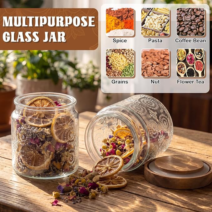 Suclain 6 Pcs 17 OZ Vintage Glass Jar with Acacia Wood Lids Airtight Glass Storage Canisters Kitchen Spice Jars Food Storage Containers for Pantry Coffee Grains Tea Sugar Flour(Fireworks)