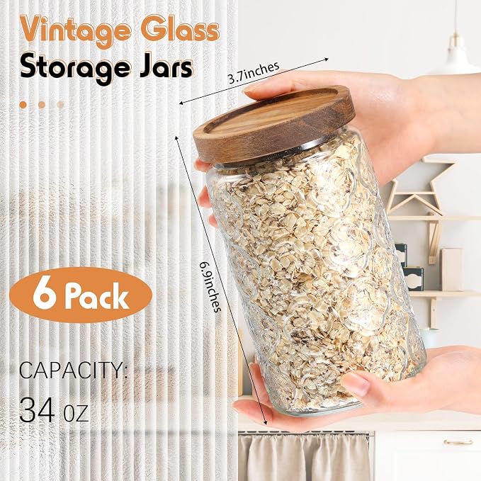 Domensi 6 Pcs Vintage Glass Jars 34 oz Glass Storage Jars with Lids Begonia Pattern Airtight Storage Containers for Kitchen Counter Pantry Coffee Bean Grains Tea Sugar Flour Candy Oats