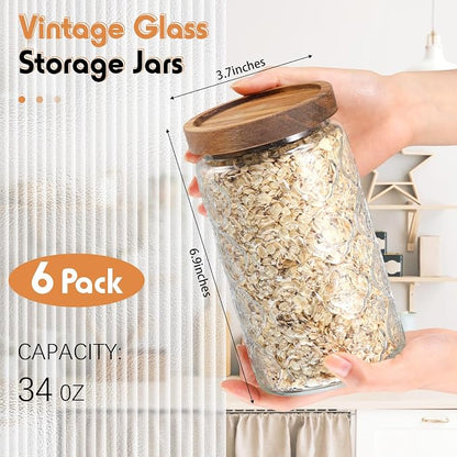 Domensi 6 Pcs Vintage Glass Jars 34 oz Glass Storage Jars with Lids Begonia Pattern Airtight Storage Containers for Kitchen Counter Pantry Coffee Bean Grains Tea Sugar Flour Candy Oats