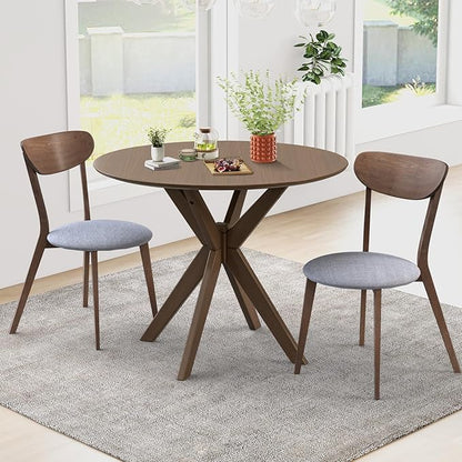 Tangkula Mid-Century Modern Round Dining Table Set for 2, Wooden Kitchen Table & 2 Chairs with Cushioned Seats, Compact 3-Piece Dining Set for Small Spaces, Kitchen, Living Room