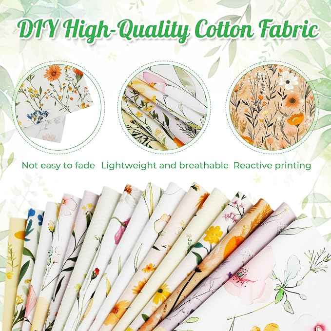 Tatuo 30 Pieces 10 x 10 Inches Summer Wildflower Cotton Fabric Bundle Squares Patchwork Floral Fabric Sewing Quilting Bundles Assorted Pattern Cloth for DIY Scrapbook Craft Making