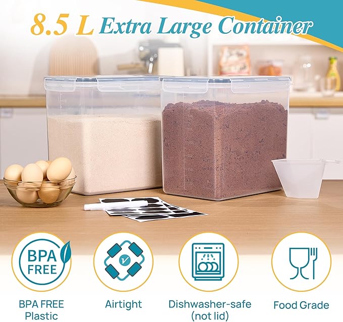 Vtopmart 8.5L 2 Pack Extra Large Flour Sugar Storage Containers, Each for 10lbs flour, Airtight Kitchen Pantry Organization Canisters with Lids for Bulk food, Rice, Baking Supplies, BPA Free, Black