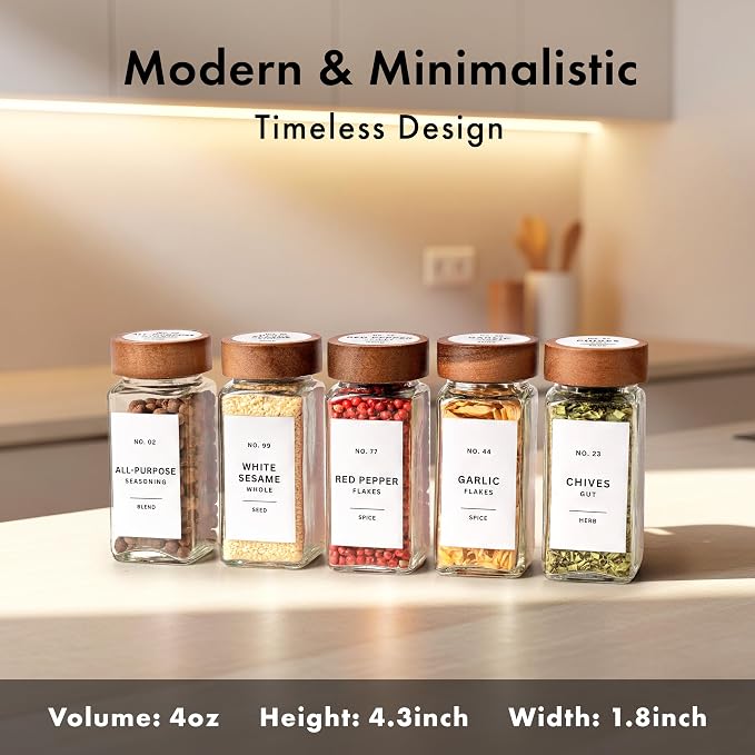 EDELHAUS® Square Spice Jars with Acacia Wooden Lid (Pack of 24) Spice Jars with Shaker Insert and 240 Labels - Acacia Lids Glass Container for Spice Organisation [4.3 in × 1.8 in]