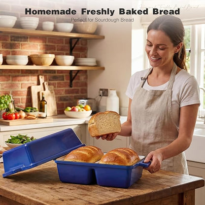 Double Dutch Oven for Sourdough Bread Baking,Enameled Cast Iron Dutch Oven with Lid,Double-Chamber Square Mini Sourdough Loaf Pan for Homemade Bread,Dark Blue(Patent Has Been Applied for)