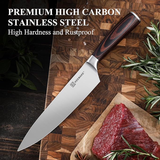 KEEMAKE Chef Knife - 8 Inch High Carbon Stainless Steel Kitchen Knife with Ergonomic Handle, Professional Kitchen Gadgets with Gift Box for Men and Women, Father Day Gifts