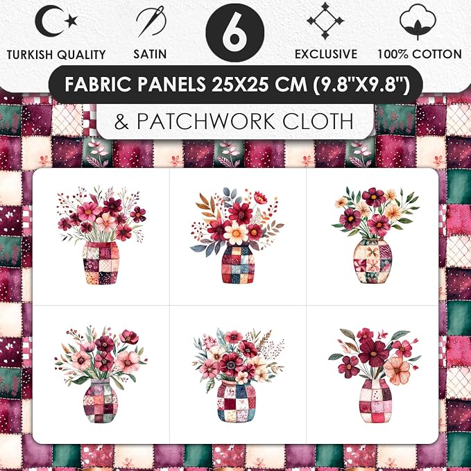 Cotton Satin Fabric Panel with Floral Patchwork Designs – 6 Printed Panels 10×10 in, Continuous Uncut Fabric Sheet 29.5×19.7 in, 100% Cotton for Quilting, Sewing & DIY
