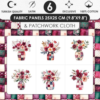 Cotton Satin Fabric Panel with Floral Patchwork Designs – 6 Printed Panels 10×10 in, Continuous Uncut Fabric Sheet 29.5×19.7 in, 100% Cotton for Quilting, Sewing & DIY